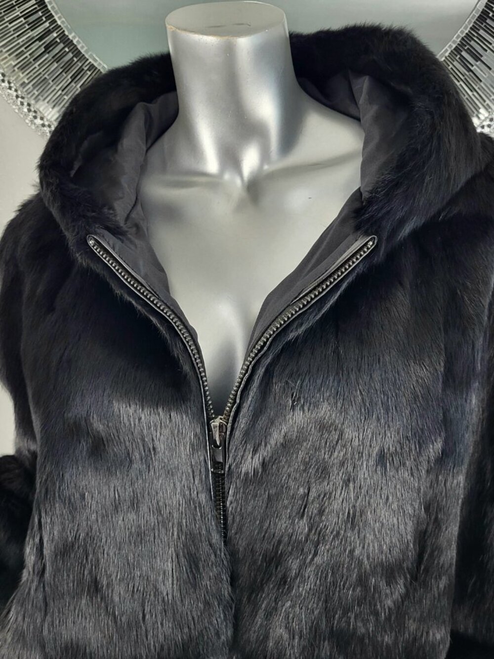 NWT~$600~ADRIENNE LANDAU~M/L~BLACK GENUINE REAL RABBIT FUR BOMBER JACKET COAT - Picture 7 of 16